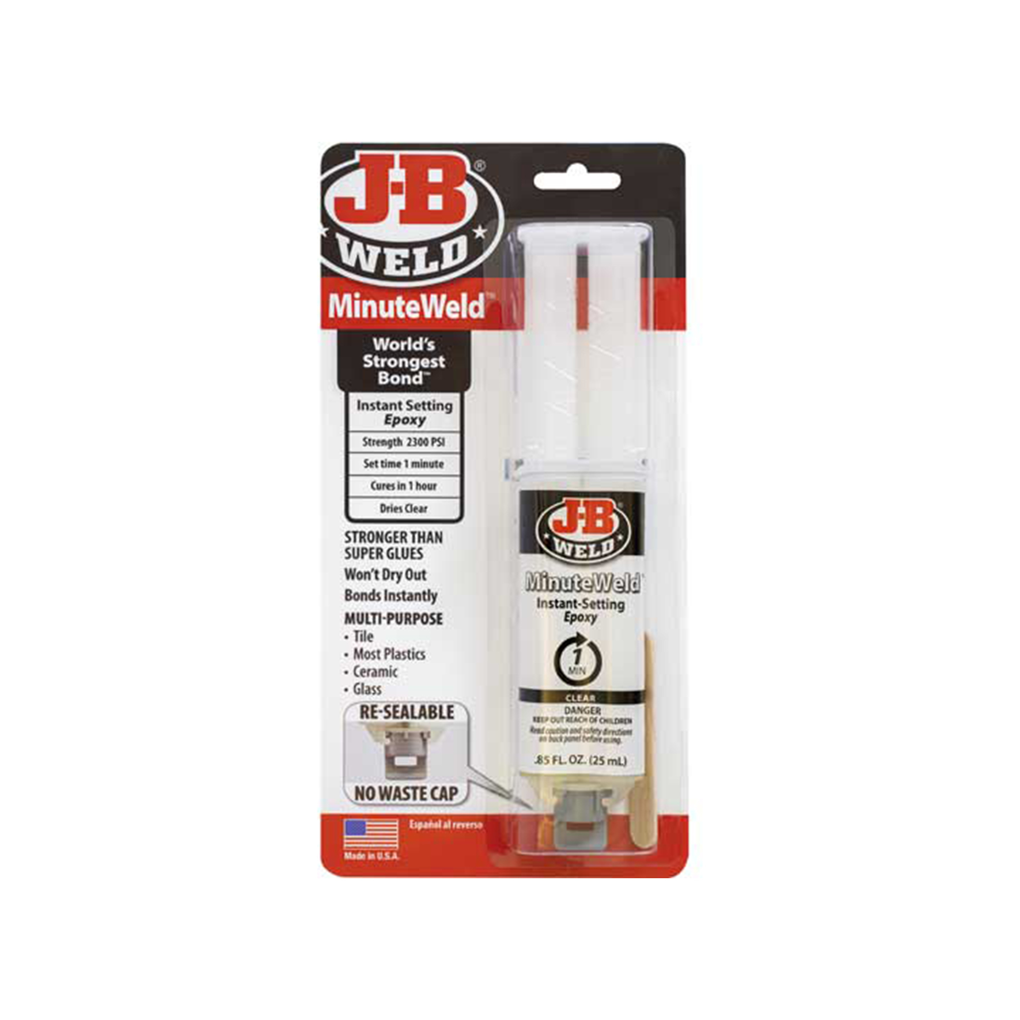 JB Weld MinuteWeld Epoxy — 25ml Syringe, Clear, 2300 PSI Strength, Fast-Acting, Model# JBW50101
